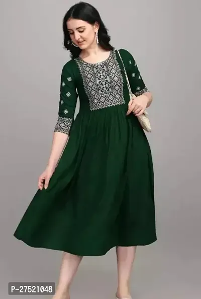 Stylish Green Rayon Embroidered Anarkali Stitched Kurta For Women