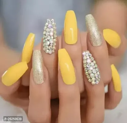 Leon Yellow Press On False Nails Holo Gems Gold Glitter Extra Long Coffin Ballerina Full Fingersnails Free Glue 20 Tips-thumb0