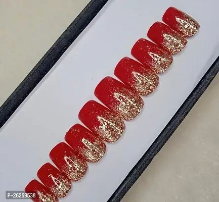 Glossy Red With Golden Glitter Press OnFake NailsArtificial Nails In Medium Square 14 Nails Tips With Glue-thumb0