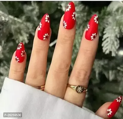 Red Bridal Press On Fake Designer Artificial Nails Extension In Almond 12 Nails With Manicure Kit Red Floral With Free Glue