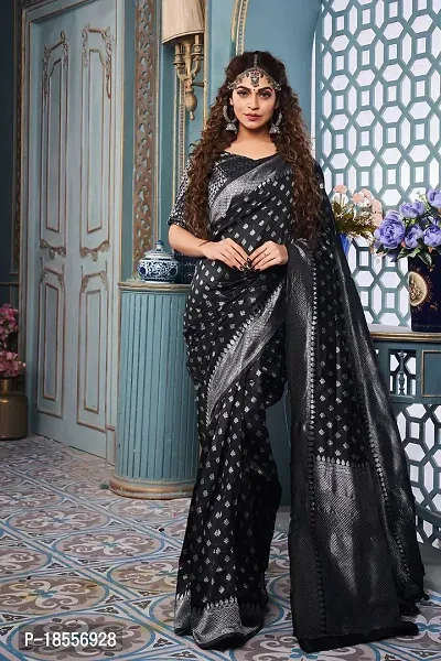 Beautiful Black Banarasi Silk Jacquard Saree with Blouse piece For Women