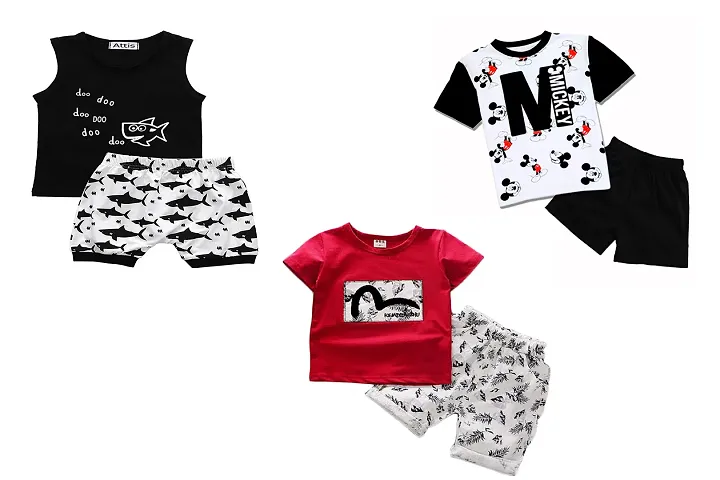 Attis Boys and Girls Stylish Tshirt & Pant Kids Clothing Set (18-24 Months) Pack of 3 Sets - T1(WHBL)-T2(RDWH)-T7(BLWH)