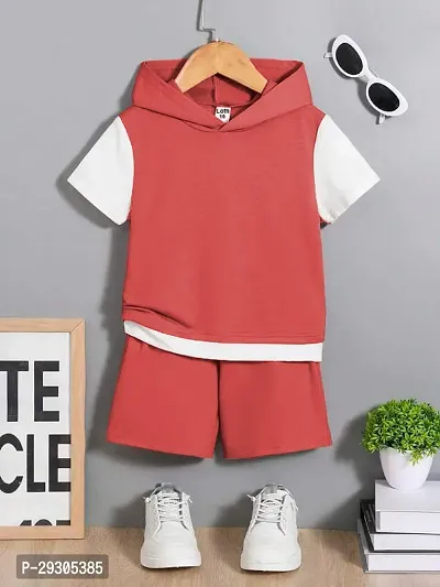 Stylish Red Cotton T-Shirts With Shorts Clothing Set For Boys-thumb0