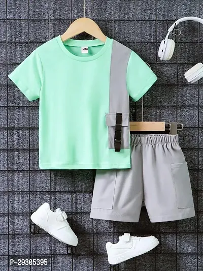 Stylish Green Cotton T-Shirts With Shorts Clothing Set For Boys-thumb0