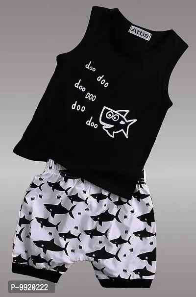 Attis Boys and Girls Clothes Shark and Doo Doo Print Summer Cotton Stylish Sleeveless Outfits Set Tshirt & Pant Kids Clothing Set Black-White-thumb0