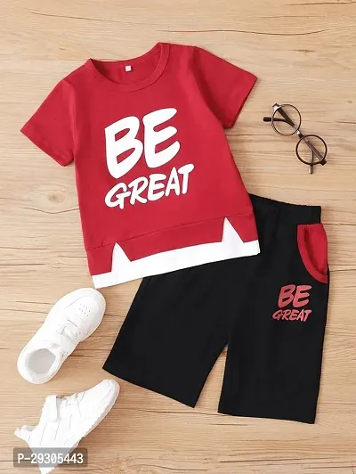 Stylish Red Cotton T-Shirts With Shorts Clothing Set For Boys-thumb0