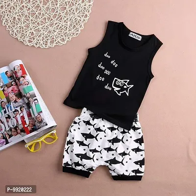 Attis Boys and Girls Clothes Shark and Doo Doo Print Summer Cotton Stylish Sleeveless Outfits Set Tshirt & Pant Kids Clothing Set Black-White-thumb3