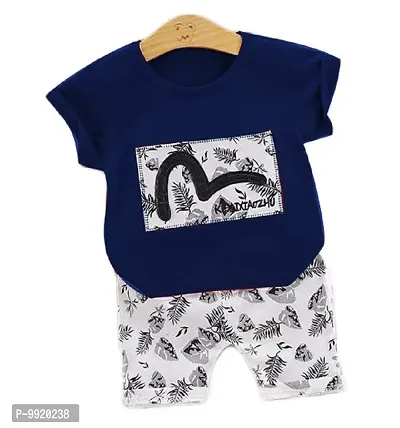 Attis Boy's and Girl's Cotton Stylish T-shirt and Pant Clothing Set (Navy Blue and White, 20)
