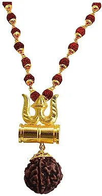 Brass Beautiful Great Hindu Trishul Kavach Damaru Locket With Panchmukhi Rudraksha Mala Gold-plated Plated Wood Chain-thumb2