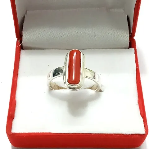 Natural Red Coral Stone Silver Plated Finger Ring For Men  Women, Both  Alloy Coral Silver Plated Ring