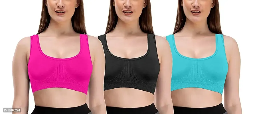 YOFAMA Women?s Multi Color Air Bra Stretchable Seamless Non Padded Non Wired Bra for Women and Girls Fits Best to Bust Size 28 to 40 inches Free Size Set Pack of 3 (Rani-Black-SkyBlue, Free Size)