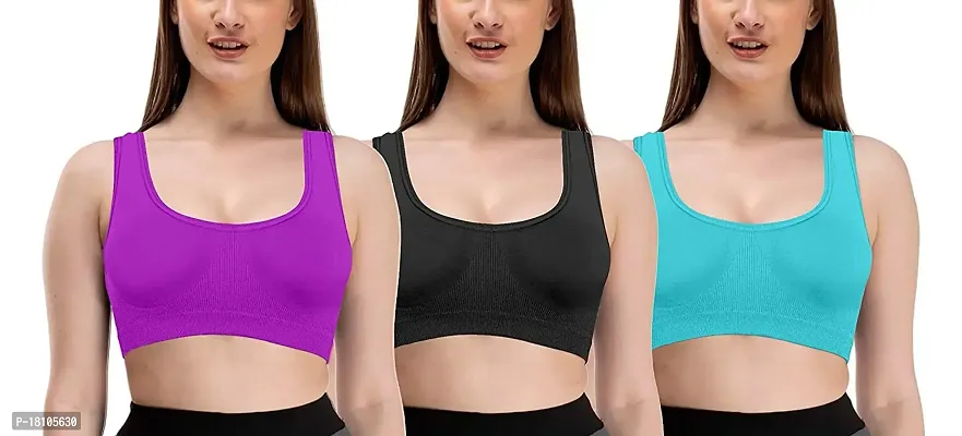 YOFAMA Women?s Multi Color Air Bra Stretchable Seamless Non Padded Non Wired Bra for Women and Girls Fits Best to Bust Size 28 to 40 inches Free Size Set Pack of 3 (Purple-Black-SkyBlue, Free Size)