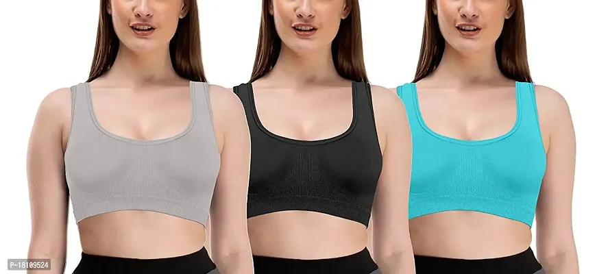 YOFAMA Women?s Multi Color Air Bra Stretchable Seamless Non Padded Non Wired Bra for Women and Girls Fits Best to Bust Size 28 to 40 inches Free Size Set Pack of 3 (Grey-Black-SkyBlue, Free Size)-thumb0