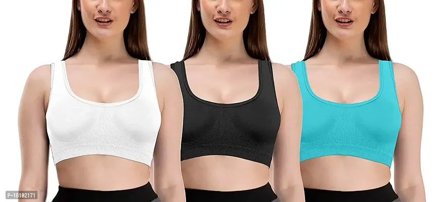 YOFAMA Women?s Multi Color Air Bra Stretchable Seamless Non Padded Non Wired Bra for Women and Girls Fits Best to Bust Size 28 to 40 inches Free Size Set Pack of 3 (Cream-Black-SkyBlue, Free Size)-thumb0