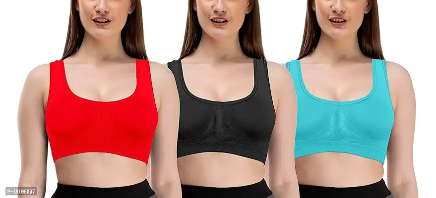 YOFAMA Women?s Multi Color Air Bra Stretchable Seamless Non Padded Non Wired Bra for Women and Girls Fits Best to Bust Size 28to40 inches Free Size Set Pack of 3 (Red-Black-SkyBlue, Free Size)