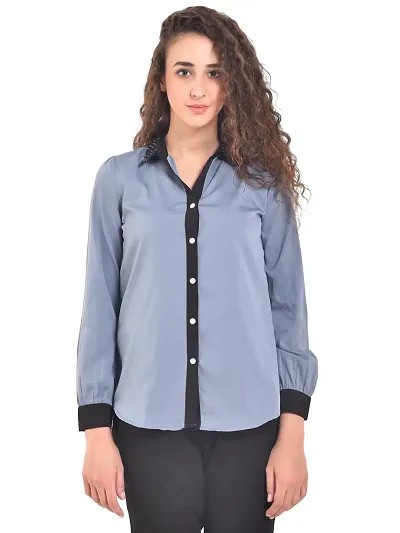 Women's  Girls Sky Blue Crepe Solid Shirt with Full Sleeves