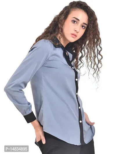 Women's  Girls Sky Blue Crepe Solid Shirt with Full Sleeves-thumb5