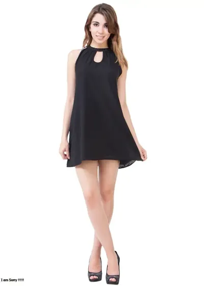 Womens  Girls Black Georgette  Crepe A-line Mini Dress with Bead Work