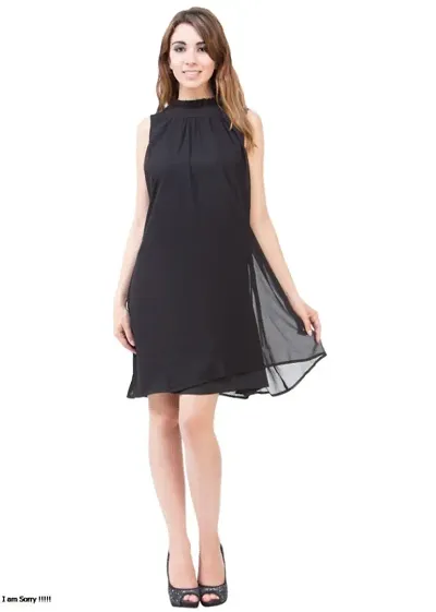 Womens Girls Georgette Crepe Solid Dress with High Neck