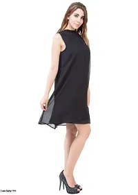 Womens  Girls Black Georgette  Crepe Solid Dress with High Neck-thumb3