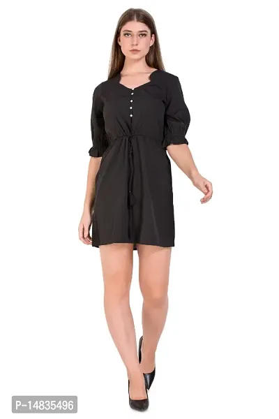 UVR Womens Black  Crepe Solid Fit  Flare Mini Dress with Frilled Half Sleeves-thumb0