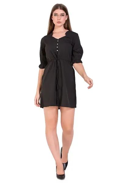 UVR Womens Black  Crepe Solid Fit  Flare Mini Dress with Frilled Half Sleeves