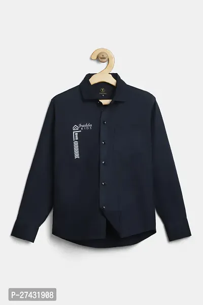 Stylish Navy Blue Cotton Blend Solid Shirts For Boys-thumb0