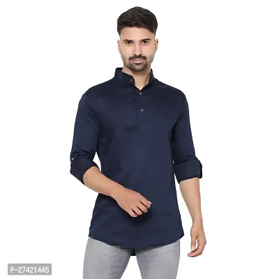 Stylish Navy Blue Cotton Blend Solid Kurtas For Men