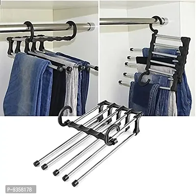 5 in 1 Stainless Steel Hanger Multipurpose Retractable Magic Foldable Hanger for Cloth Trousers Jeans Pant Scarf Coat (Multicolor Pack of 2)-thumb0