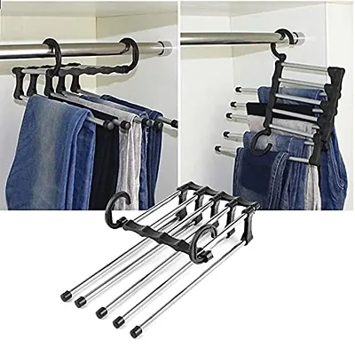 5 in 1 Stainless Steel Hanger Multipurpose Retractable Magic Foldable Hanger for Cloth Trousers Jeans Pant Scarf Coat (Multicolor Pack of 2)