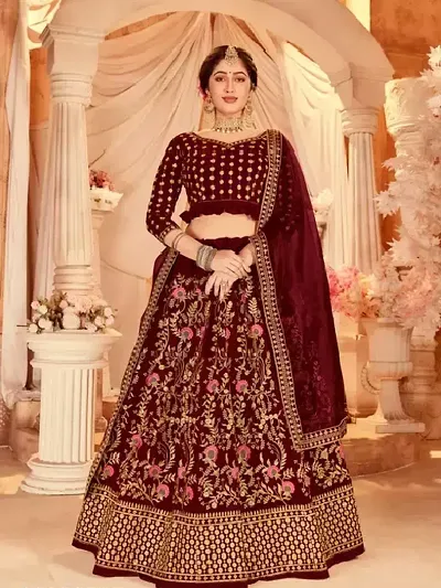 Stylish Velvet Embroidered Lehenga Choli Set For Women