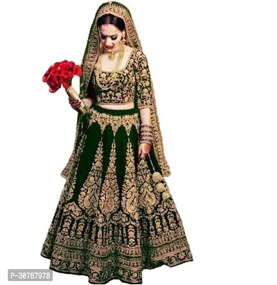 Fabulous Green Velvet Embroidered Semi Stitched Lehenga Choli With Dupatta For Women