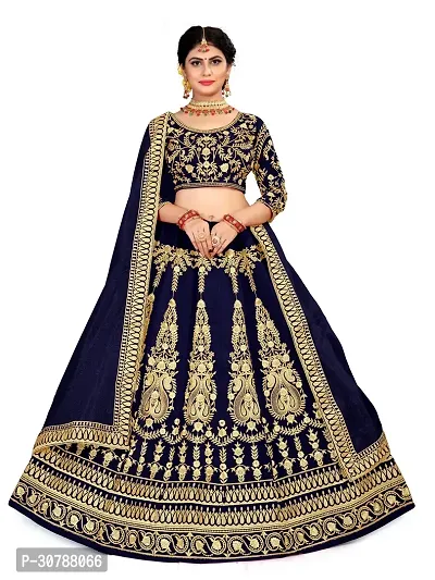 Fabulous Navy Blue Velvet Embroidered Semi Stitched Lehenga Choli With Dupatta For Women-thumb0