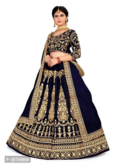 Fabulous Navy Blue Velvet Embroidered Semi Stitched Lehenga Choli With Dupatta For Women-thumb4