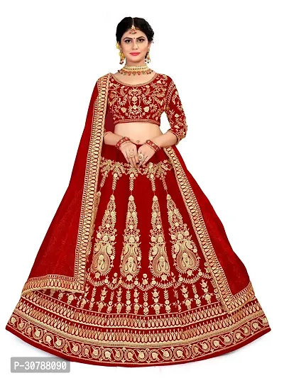 Fabulous Red Velvet Embroidered Semi Stitched Lehenga Choli With Dupatta For Women-thumb0