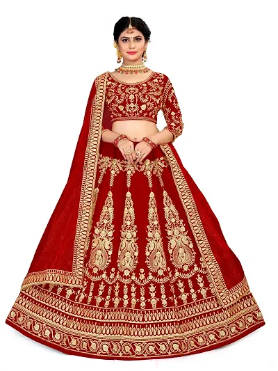 Showstopper Velvet Red Embroidered Lehenga Choli Net Dupatta Set