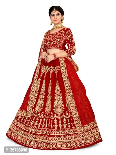 Fabulous Red Velvet Embroidered Semi Stitched Lehenga Choli With Dupatta For Women-thumb3