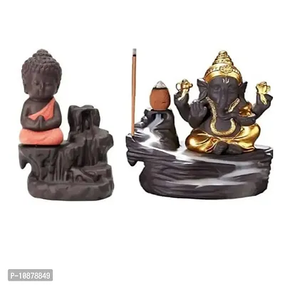 JIYANSH Creation Combo Pack of Ganesha Idols and Meditating Monk Buddh, Size - 12Cm, Weight - 250Gm - Orange