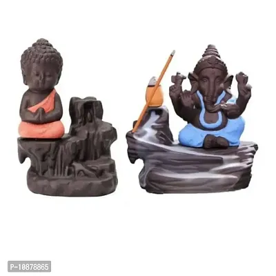 JIYANSH Creation Combo Pack of Blue Ganesha Idols and Orange Meditating Monk Buddh Statue, Size - 12Cm, 250Gm-thumb0