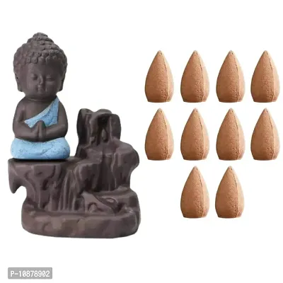 Jiyansh Creation Beautiful Handcraft Fengshui Monk Buddha Backflow Smoke Fountain for Home D?cor with 10 Incense Backflow Incense Cones Stick Holder Buddha items for Home-Dhoop-Fountain- Showpiece for Home D?cor-Small Gifts Items Blue, Size-12cm