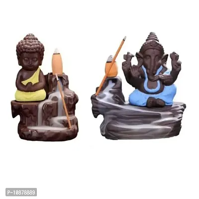 JIYANSH Creation Combo Pack of Blue Ganesha Idols and Yellow Meditating Monk Buddh Statue, Size - 12Cm, 250Gm