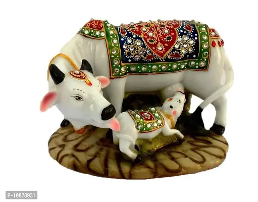 JIYANSH Creation Dust Polyresin Decorative Marble Kamdhenu Cow and Calf Big Handcrafted Statue, 6-inch, Multicolour