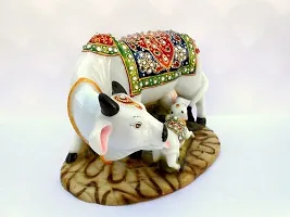 JIYANSH Creation Dust Polyresin Decorative Marble Kamdhenu Cow and Calf Big Handcrafted Statue, 6-inch, Multicolour-thumb2