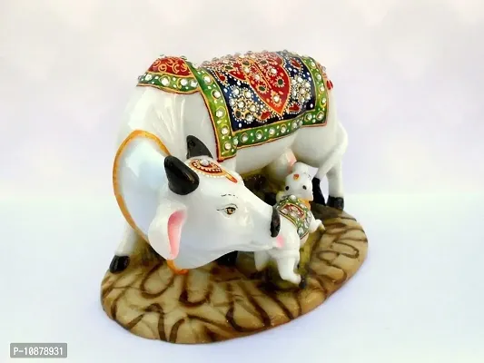 JIYANSH Creation Dust Polyresin Decorative Marble Kamdhenu Cow and Calf Big Handcrafted Statue, 6-inch, Multicolour-thumb3