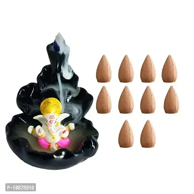 J Jiyansh Creation Handcrafted PolyResin Lord Ganesha God Idol Backflow Smoke Fountain Incense Holder with 10 Smoke Backflow Smoke Cones Home Decorative Showpiece (10*10*11, Black, Pink Color)