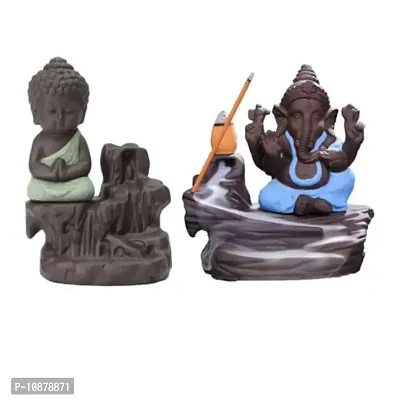 JIYANSH Creation Combo Pack of Blue Ganesha Idols and Green Meditating Monk Buddh Statue, Size - 12Cm, 250Gm-thumb0