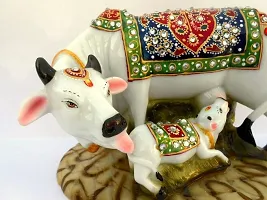 JIYANSH Creation Dust Polyresin Decorative Marble Kamdhenu Cow and Calf Big Handcrafted Statue, 6-inch, Multicolour-thumb1