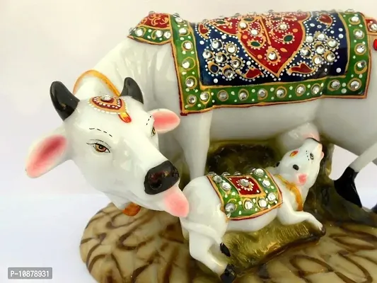 JIYANSH Creation Dust Polyresin Decorative Marble Kamdhenu Cow and Calf Big Handcrafted Statue, 6-inch, Multicolour-thumb2