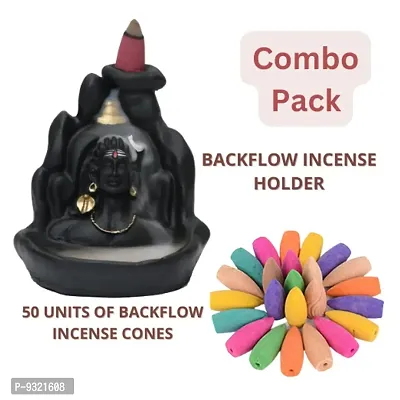 Combo Pack of Lord Shiva Adiyogi Smoke Fountain Incense holder and 50 Units of Backflow Incense Cones-thumb0