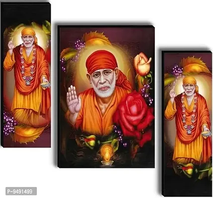 Set of 3 Abstract Self Adhesive Modern Art Lord Shirdi Sai Baba MDF Art Painting without Glass (4.5x12, 9x12, 4.5x12 INCH) Digital Reprint 12 Inch x 18 inch Painting (with Frame, Pack of 3)-thumb0